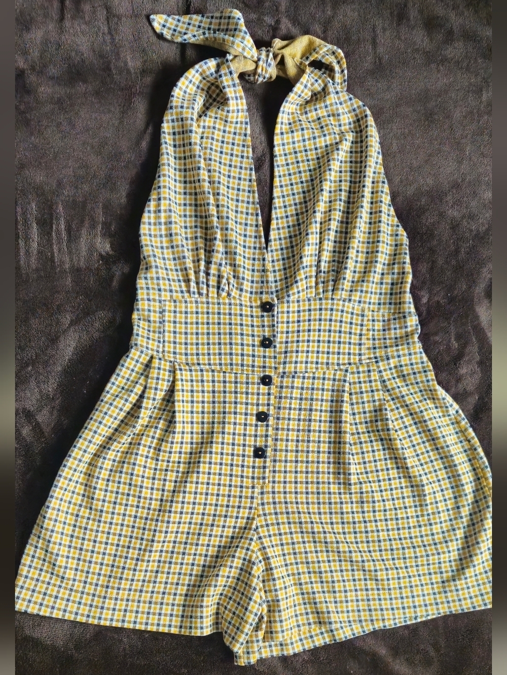 ASOS Yellow, Black & White Plaid Halter Shorts Romper/Jumper - Size 10